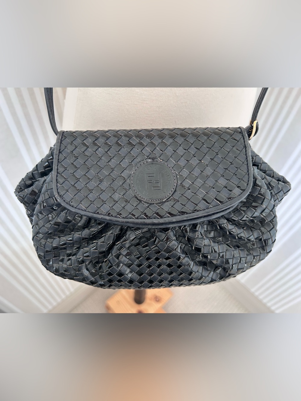 VTG Fendi Woven Dark Navy Woven Leather Crossbody Bag 1970s Made in Italy